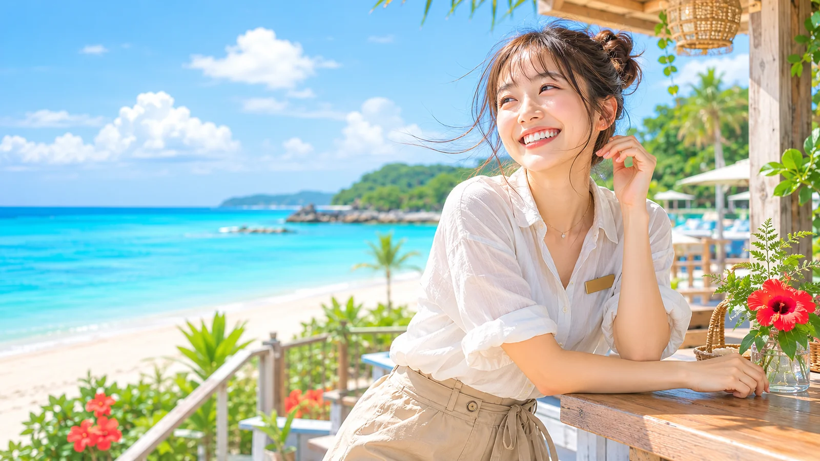 奄美の海辺で働くスタッフのイメージ（サンプル画像）