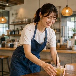 宿併設のカフェで働くスタッフ（サンプル画像）