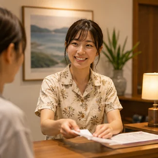 ゲストハウスのフロントで対応するスタッフ（サンプル画像）
