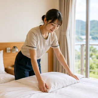 民泊の客室清掃をするスタッフ（サンプル画像）